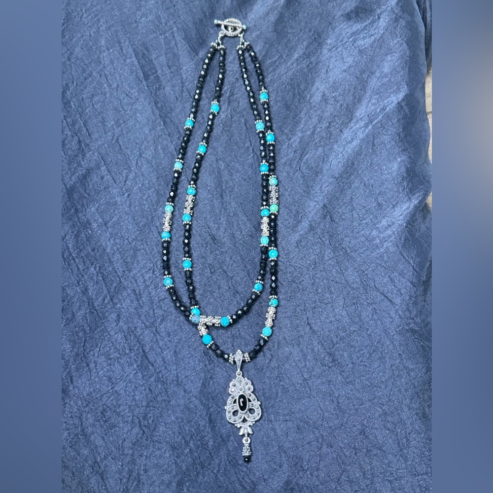 Beautiful Turquoise/tourmaline— with Pendant.. 16 inch adjustable